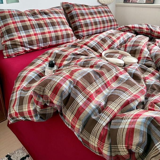 EAVD Vintage Style Red&Brown Buffalo Plaid Comforter Set Twin XL Soft 100% Washed Cotton Chic Grid Checkered Ginham Bedding Set with 2 Pillowcases Farmhouse Geometric Comforter Set for All-Season