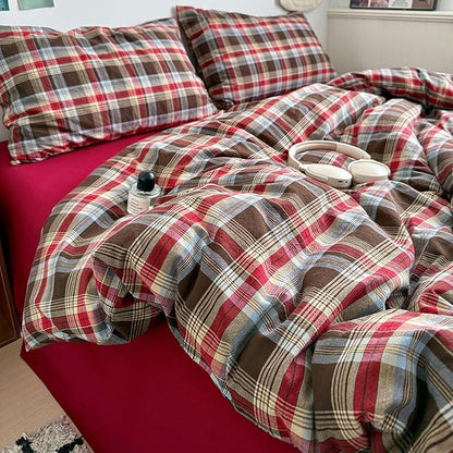 VM VOUGEMARKET Red Brown Plaid Duvet Cover Set King,3 Pieces Washed Cotton Bedding Set,Breathable Luxury Checkered Duvet Cover with 2 Pillowcases