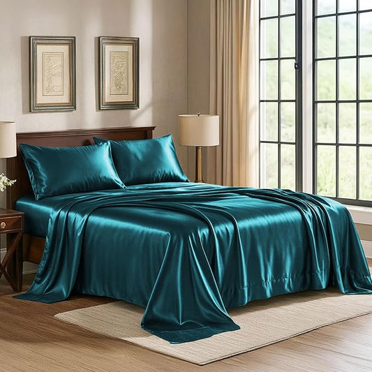 Satin Sheets King [4-Piece, Teal] Hotel Luxury Silky Bed Sheets - Extra Soft 1800 Microfiber Sheet Set, Wrinkle, Fade, Stain Resistant - Deep Pocket Fitted Sheet, Flat Sheet, Pillow Cases