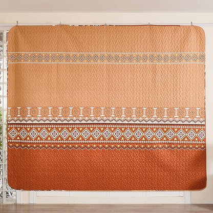 WONGS BEDDING 3 Pieces Quilt Set King Size, Burnt Orange/Rust Thanksgiving Quilt Bedspread Fall Bohemian Coverlet Set with 2 Pillowcase, Soft Thanksgiving Bedding Set for All Season 104"×90"