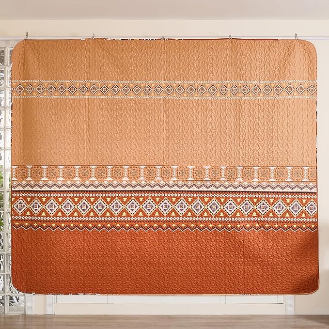 WONGS BEDDING 3 Pieces Quilt Set Queen Size, Burnt Orange/Rust Thanksgiving Quilt Bedspread Bohemian Coverlet Set with 2 Pillowcase, Fall Soft Thanksgiving Bedding Set for All Season 96"×90"