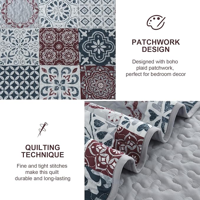 Dobuyly Patchwork Quilt Set King Size Boho Plaid Bedspread Red Grey Quilt Coverlet Set, 3 Pieces Soft Microfiber Lightweight Farmhouse Summer Bedding Set for All Seasons 110"x90"
