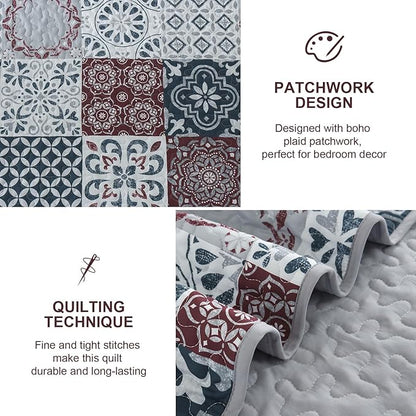 Dobuyly Patchwork Quilt Set King Size Boho Plaid Bedspread Red Grey Quilt Coverlet Set, 3 Pieces Soft Microfiber Lightweight Farmhouse Summer Bedding Set for All Seasons 110"x90"