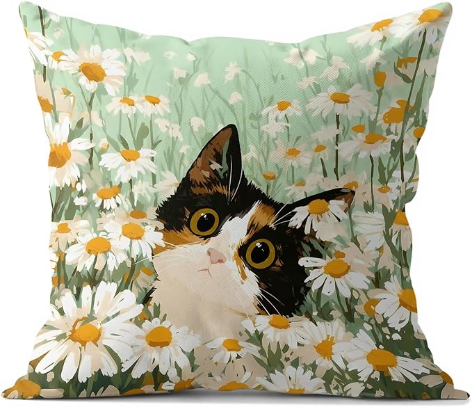 Calico Cat Daisy Throw Pillow Covers 18x18,Gifts for Cat Lovers,Boho Floral Cat Pillowcases, Aesthetic Spring Decor for Dorm Bedroom Office