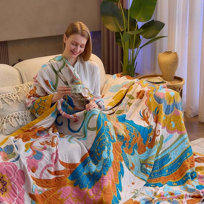 Boho Throw Blanket, Lightweight Blankets for Summer, 100% Cotton Bohemian Decorative Throw Blanket, 80"x90" Reversible Muslin Breathable Woven Farmhouse Blankets Quilt,
