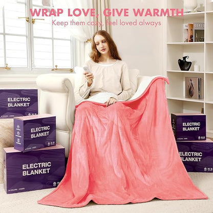 Electric Heated Blanket Twin 62" x 84" - Soft Fuzzy Cozy Flannel Sherpa Electric Blanket with 5 Heating Levels & 10 Hours Auto Off, Heated Blanket for Women and ETL Certified (Pink)