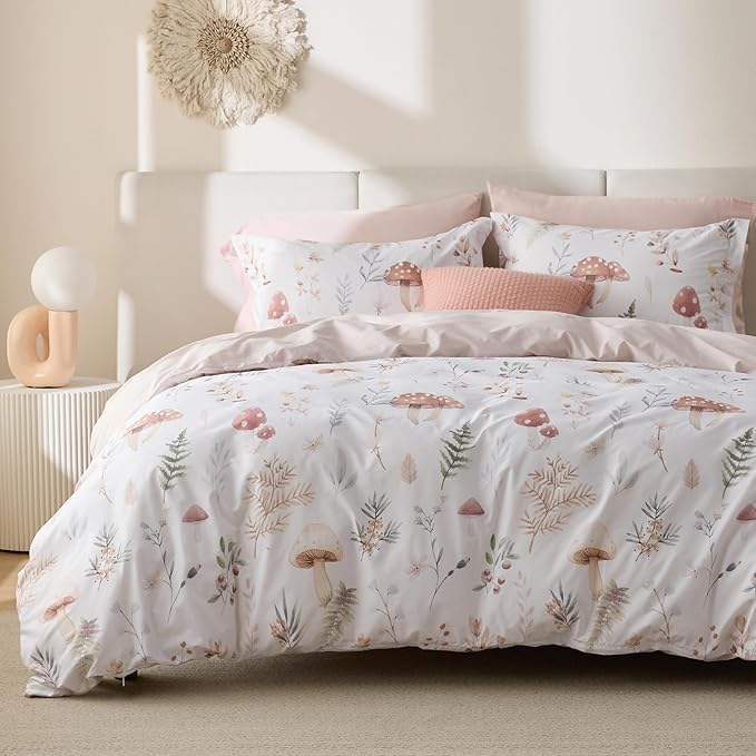 Bedsure Duvet Cover King Size - 100% Cotton Reversible Cute Flower Floral Duvet Cover Set with Zipper Closure, 3 Pieces Soft & Breathable PureWoven Shell Beige Bedding Set with 2 Pillow Shams 20"x36"