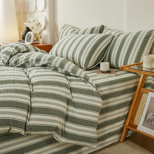 100% Washed Cotton Striped Duvet Cover Set Twin XL, Vintage Green White Stripes Pattern Printed Comforter Cover, Soft Breathable Duvet Cover with 2 Pillowcases Farmhouse Striped Bedding Set Twin XL