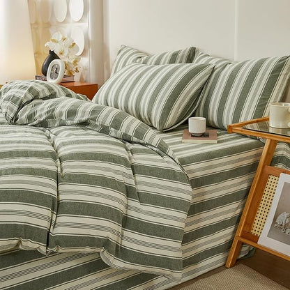 Retro Striped Duvet Cover Set Full, Soft 100% Cotton Green Striped Bedding Set, Farmhouse Stripes Pattern Comforter Cover with 2 Pillowcases, Vintage 3 Piece Breathable Duvet Cover with Zipper Closure
