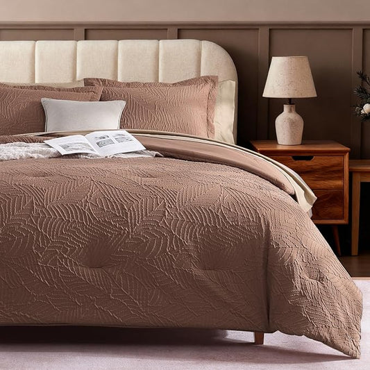 Geniospin King Size Comforter Set - 7 Pieces Brown Textured King Bedding Sets with Comforter, Sheets, Pillowcases & Shams, All Season Brown Bedding