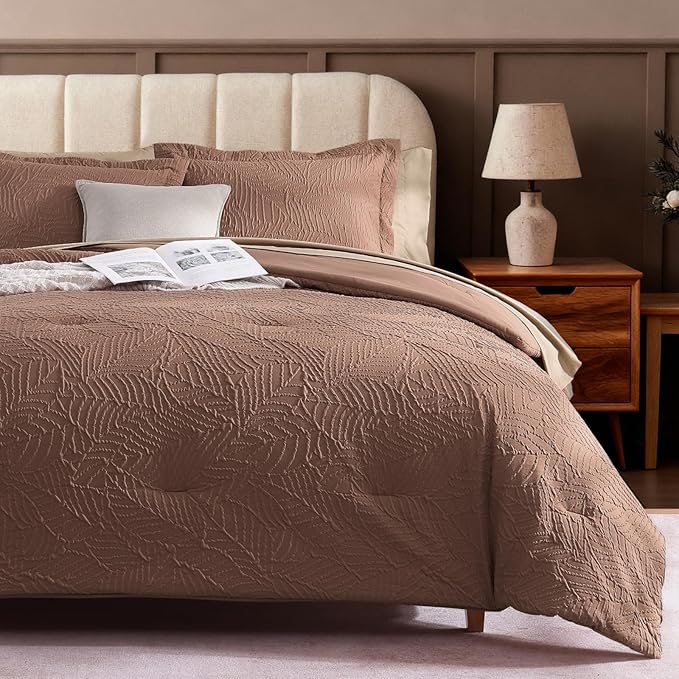 Geniospin Full Size Comforter Set - Brown Textured Bedding Sets Full 7 Pieces, Bed in A Bag with Comforter, Sheets, Pillowcases & Shams, All Season Brown Bedding