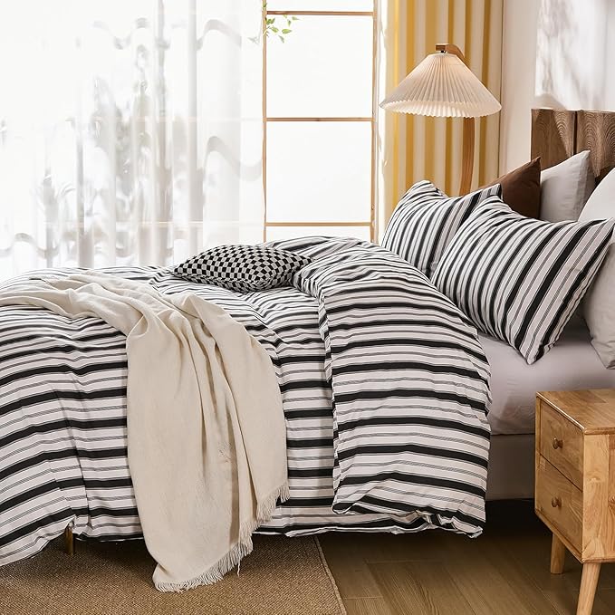 Merryword 100% Cotton Duvet Cover Set Queen Size - Black and White Striped Duvet Cover Set, Modern Minimalist Pinstripe Comforter Cover with Pillowcases, Soft Breathable Bedding Set for All Seasons
