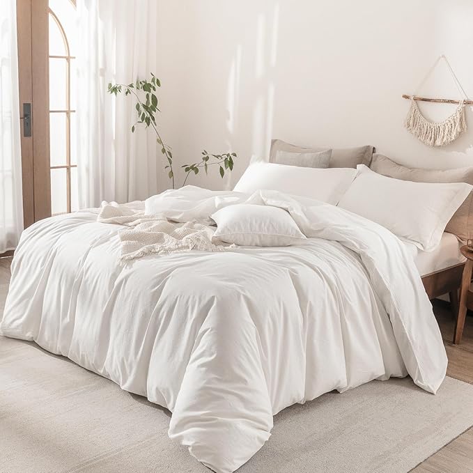 Linen Feel Duvet Cover Super King Plus Size 120inch x 120inch,100% Washed Cotton Duvet Cover with Zipper Closure and 2 Pillowcases, Color of Off White