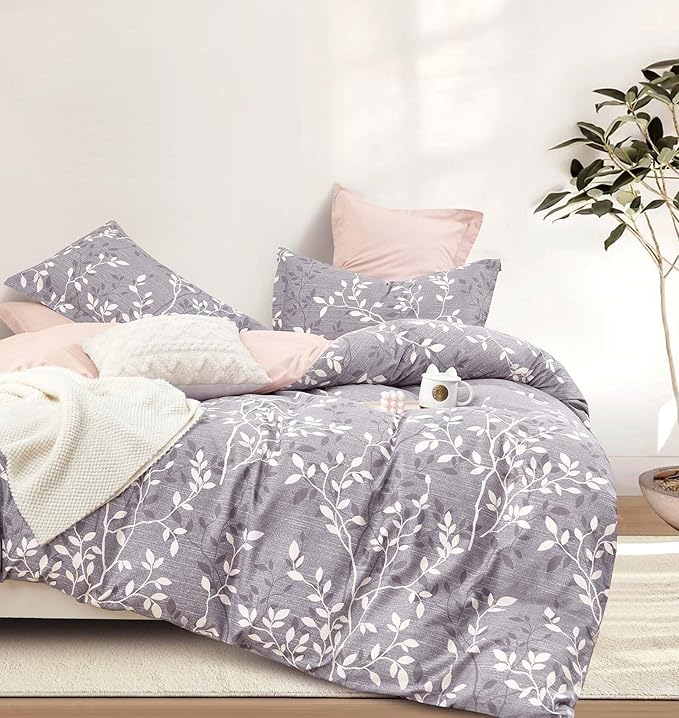 Vintage Gray Cotton Comforter Queen Size 3Pcs - Luxurious Design with White & Charcoal Branches Pattern, Elegant Dusty Pink Reversible Lightweight Bedding Sets with Soft Fill(90"×90")
