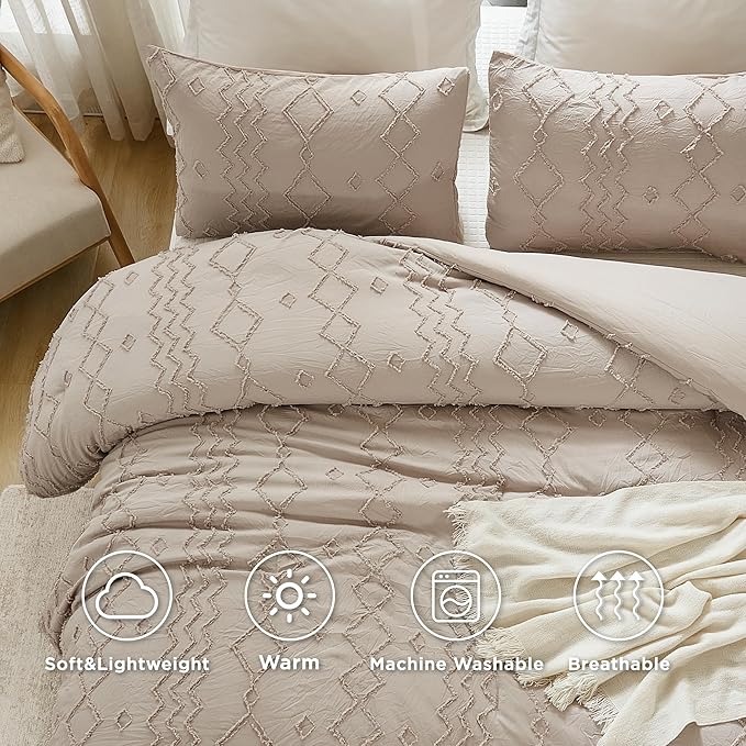Andency Khaki Tufted Comforter Set Full(79x90Inch), 3 Pieces(1 Tufts Comforter, 2 Pillowcases) Boho Textured Farmhouse Bed, Microfiber Down Alternative Geometric Tan Bedding Set