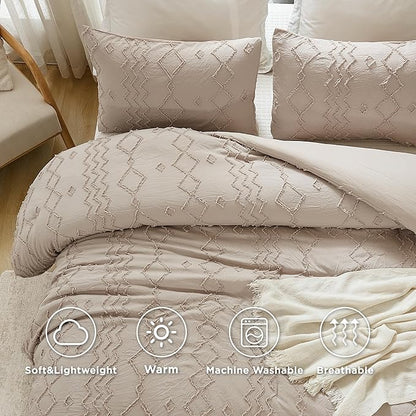 Andency Khaki Tufted Comforter Set Full(79x90Inch), 3 Pieces(1 Tufts Comforter, 2 Pillowcases) Boho Textured Farmhouse Bed, Microfiber Down Alternative Geometric Tan Bedding Set