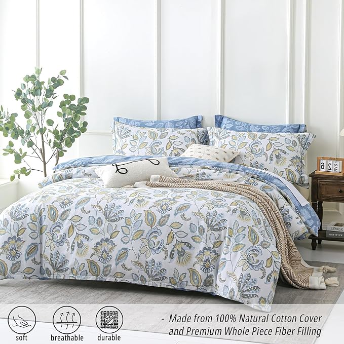 Vintage Botanical Cotton Comforter Queen Size 3PC - Lavish Floral on Bluish White with Frost Blue Back, Reversible Lightweight Comforter Set with Soft Fill(90"×90")