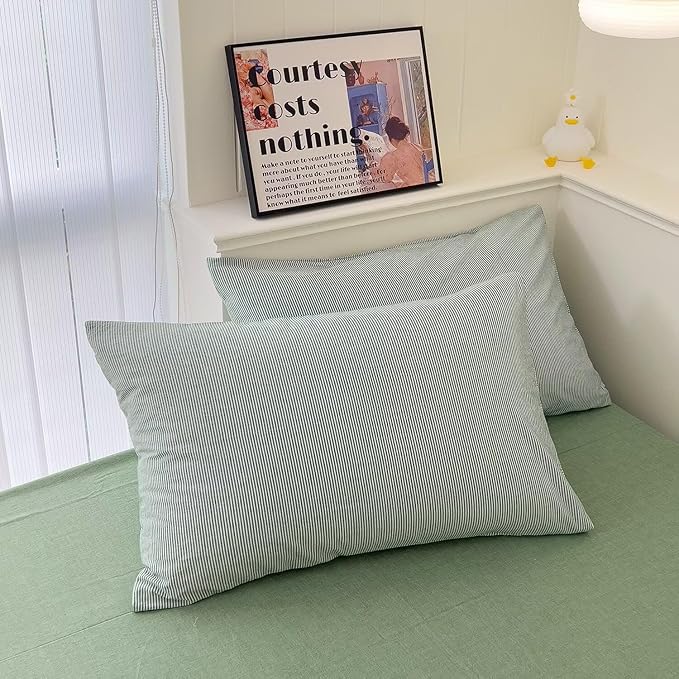 MKXI Ultra-Fine Stripe Duvet Cover Set Twin XL, 100% Washed Cotton Green & White Textured Bedding, 3 Piece Breathable Comfy Farmhouse Style Duvet Cover with Pillow Shams
