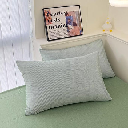 MKXI Ultra-Fine Stripe Duvet Cover Set Twin XL, 100% Washed Cotton Green & White Textured Bedding, 3 Piece Breathable Comfy Farmhouse Style Duvet Cover with Pillow Shams