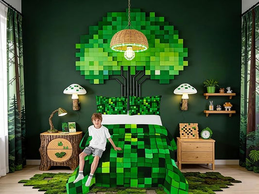 Pixelated Blocks Miners Kids Bedding Set King Size,Video Games Game Gamepad Comforter Set，Geometric Grid Patchwork Quilt Comforter,Green Bedroom Duvet Insert,2 Pillowcases