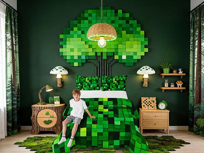 Pixelated Blocks Miners Kids Comforter Set Queen Size,Video Games Game Gamepad Bedding Set,Girl Boy Room Decor,Geometric Grid Patchwork Quilt Comforter,Green Duvet Set Bedroom Quilt Set,2 Pillowcases