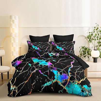 Black Marble Comforter Set Queen Size, Gradient Abstract Line Bedding Set, Glowing Marbling Texture Lightweight Down Alternative Comforter- 3Pieces Microfiber Bedding for Adult Women