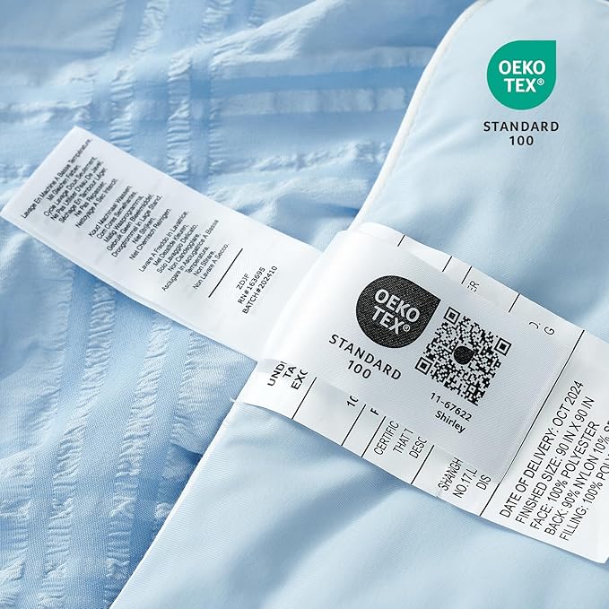 Cozy Bliss Cooling Comforter Seersucker Plaid Queen Size, Q-Max 0.45 Lightweight Cooling Blanket, Breathable Silk Smooth Summer Bedding Quilt for Hot Sleepers Night Sweats Blue