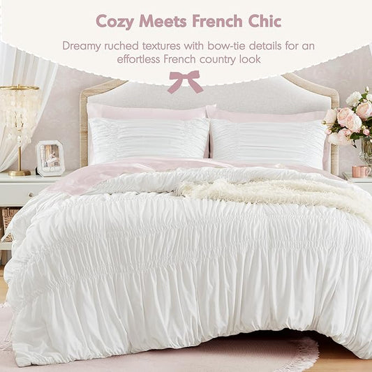Intelligent Design Queen Comforter Set Ruched Shabby Chic Comforters for Queen Size Bed, All Season Lightweight Comforter Queen French Country Bedding Set, Shams, Ella, Full/Queen, White, 3 Piece
