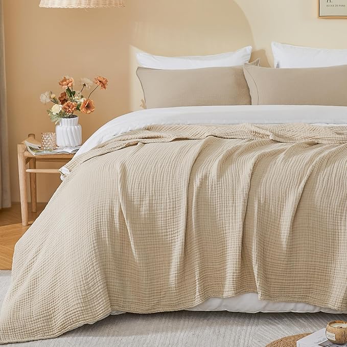 EMME Cotton Muslin Large Throw Blanket Couch Breathable Gauze Soft Lightweight Bed Blankets Adults (Heather Beige, 50"x70")