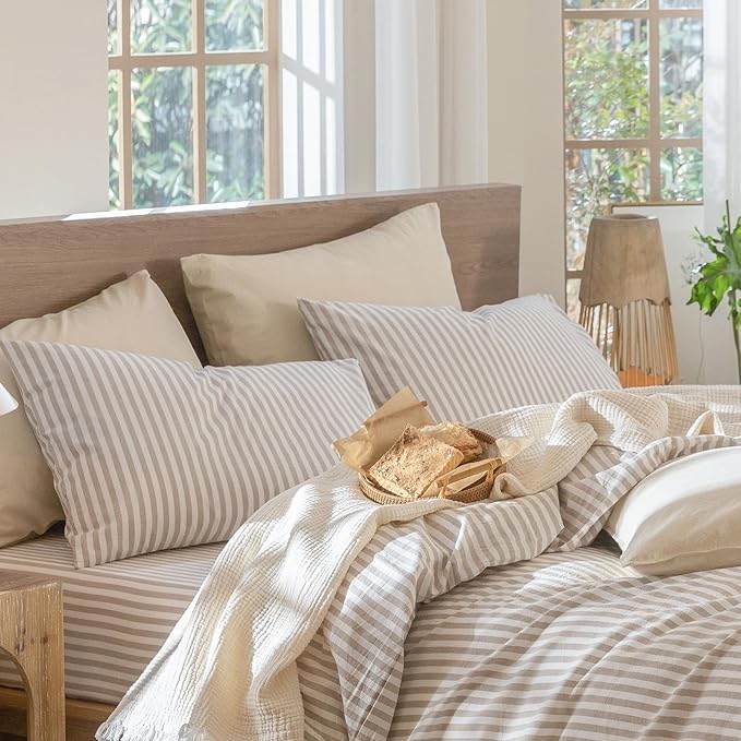 MooMee Bedding Pillowcases Striped Pack of 2 100% Washed Cotton Linen Like Textured Breathable Durable Soft Comfy (Tannish Linen Grey White Classic Stripes, King)