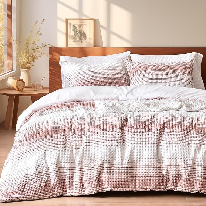 PHF Ultra Soft Yarn Dyed Waffle Weave Comforter Set King Size, 3 Pieces Lightweight Breathable Comfy Bedding Set, Comfy Textured 1 Comforter with 2 Pillow Shams, White and Brick