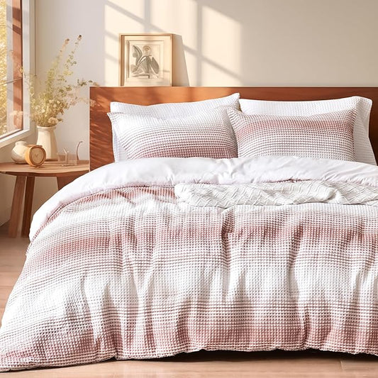 PHF Ultra Soft Yarn Dyed Waffle Weave Comforter Set King Size, 3 Pieces Lightweight Breathable Comfy Bedding Set, Comfy Textured 1 Comforter with 2 Pillow Shams, White and Brick