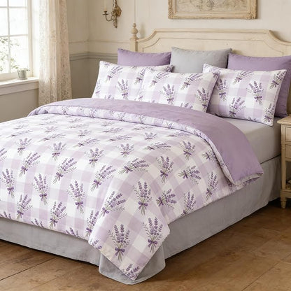 Gingham Twin Size Comforter Set for Girls Purple Lavender Bedding 2Pcs Boho Plaid Checkered Pattern Quilted Comforter with 1 Pillowcase, 68"x86"