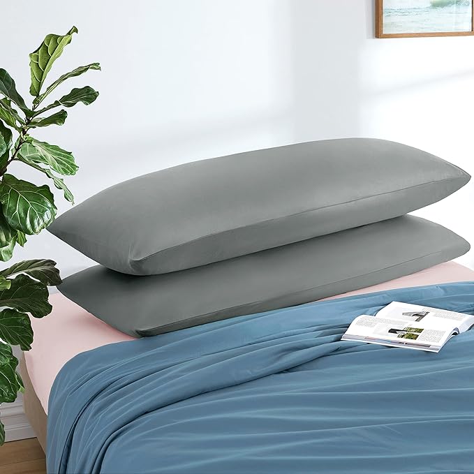 MILVOWOC 2Pcs Brushed Microfiber Body Pillowcases - 20 x 48 Inch, Dark Grey Pillow Case Set Non Slip Envelope Pillow Cover with Moisture Absorption and Anti-Wrinkle