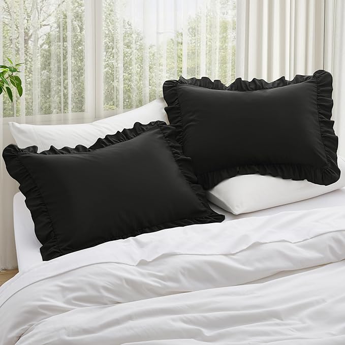 KKJIAF Ruffle Pillow Cases King Size Set of 2, Ruffled Pillow Covers with Envelope Closure, Wrinkle Resistant Pillowcases 20" x 36", Ruffled Pillow Shams, Black