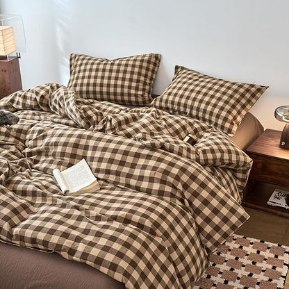 EAVD Vintage Style Brown&Beige Plaid Duvet Cover Set Full Soft 100% Washed Cotton Like Linen Feel 3-Piece Checkered Gingham Duvet Cover with 2 Pillowcases Retro Buffalo Plaid Bedding Set with Zipper