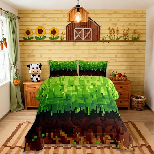 Pixelated Comforter Set Full Size,Patchwork Grid Video Games Kids Bedding Set,Miners Lattice Simple Quilt Comforter,Brown Green Duvet Insert,2 Pillowcases