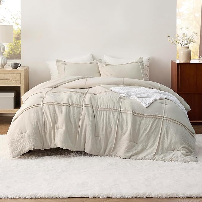 Bedsure Queen Comforter Set with Sheet - 4 Pieces Soft Beige Bedding, Grid Pinch Pleat, All Season Lightweight Fluffy Bed Set with Solid Boho Comforter, Pillowcases & Sheet