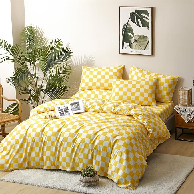 Houseri Yellow White Plaid Comforter Sets Twin Size Girls Boys Kids Light Yellow Checkerboard Dorm Bed Comforters Twin Bright Yellow Buffalo Checkered Grid Bed Quilt Soft Comfy Comforter Set Twin