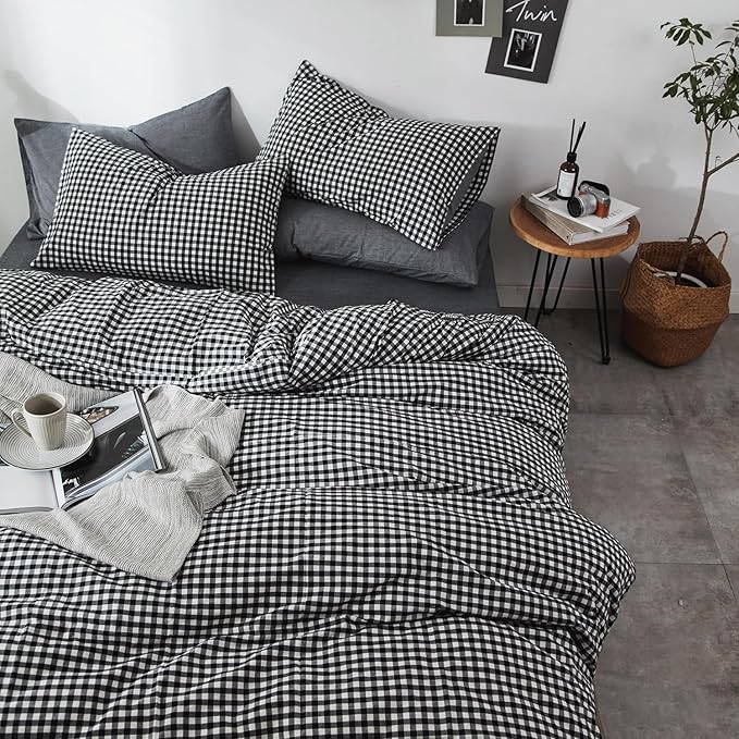 mixinni Black Gingham Comforter Set Queen, Plaid Comforter Set 3 Pieces 1 Black Grid Comfoter with 2 Pillow Cases for All Seasons, Soft Fluffy Modern Grid Pattern Printed Bedding-Queen Size