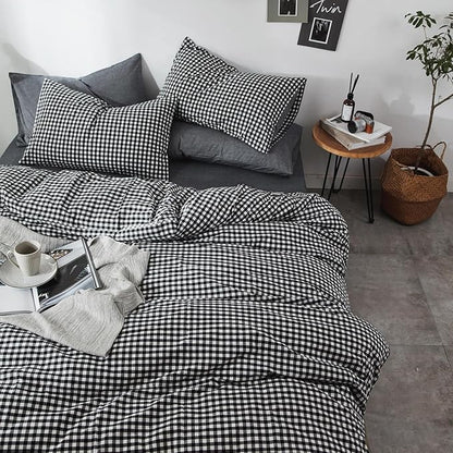 mixinni Black Gingham Comforter Set King, Plaid Comforter Set 3 Pieces 1 Black Grid Comfoter with 2 Pillow Cases for All Seasons, Soft Fluffy Modern Grid Pattern Printed Bedding-King Size