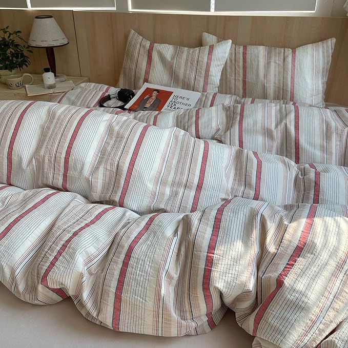 EAVD Geometric Striped Duvet Cover King 100% Washed Cotton Multi-Color Pinstriped Bedding Set with 2 Pillowcases Modern Farmhouse Geometric Pattern Duvet Cover with Zipper Closure