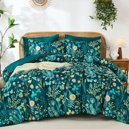 Yiran King Size Comforter Set 7 Piece, Teal Green Floral Bedding Set, Lightweight Bed in a Bag King with Botanical Flowers Spring, Soft Microfiber Complete Bedding Set with Sheets for All Season