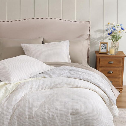 Full Comforter Set - 7 Pieces Beige Gauze Muslin Bedding Sets for All Seasons, Lightweight Breathable Bed in a Bag Full with Revesible Farmhouse Comforter, Sheets, Pillowcases & Shams
