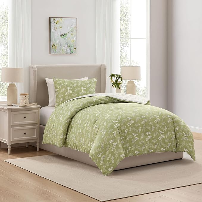 Nestl Twin/Twin XL Comforter Set - Sage Green Bed in a Bag Twin, 2 Pieces Reversible Bed Set, Soft Floral Bedding Set for College Dorm, All Season Botanical Comforters with Pillow Sham
