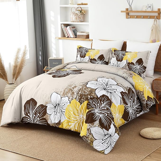 Menghomeus Brown Floral Comforter Set King Ombre Brown Bedding Lightweight Microfiber Bed Comforter for All Season, 3 Piece Flowers Comforter with 2 Pillowcases