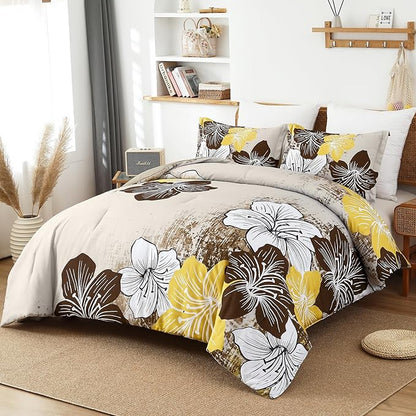Menghomeus Brown Floral Comforter Set King Ombre Brown Bedding Lightweight Microfiber Bed Comforter for All Season, 3 Piece Flowers Comforter with 2 Pillowcases