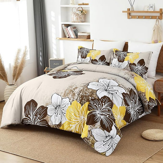 Menghomeus Brown Floral Comforter Set King Ombre Brown Bedding Lightweight Microfiber Bed Comforter for All Season, 3 Piece Flowers Comforter with 2 Pillowcases