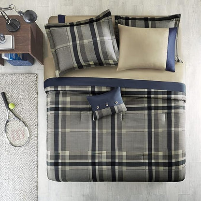 Intelligent Design Robbie 7-Piece Twin XL Comforter Set – Lightweight All-Season Plaid Bedding, Navy/Tan, Cozy Bed-in-a-Bag with Matching Shams & Decorative Pillow, Modern Casual Style
