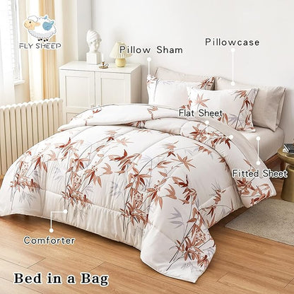 6 Pieces Bed in a Bag Twin Comforter Set with Sheets, Burnt Orange Leaves on White Botanical Bedding Sets for Kids (1 Comforter, 2 Pillow Shams, 1 Flat Sheet, 1 Fitted Sheet, 1 Pillowcases)